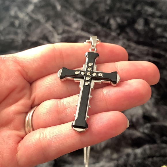 Black Layered CZ Cross Necklace - Picture 5 of 9